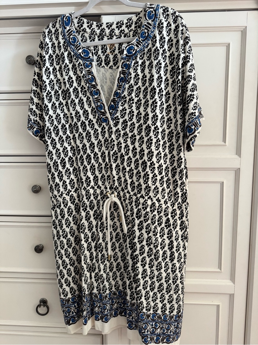 Tory Burch Dark Brown and Cream Printed Tunic Dress with Blue Trim